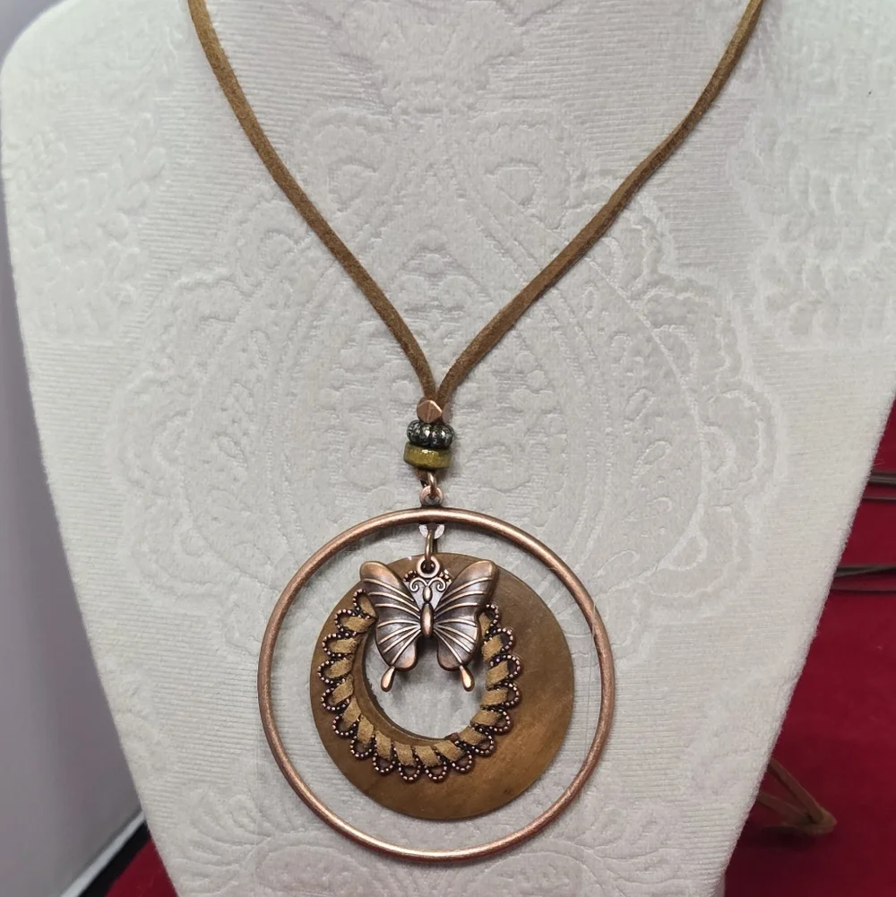 Boho Butterfly Pendant Long Necklace Copper Wood Medallion NWT Suede Jewelry